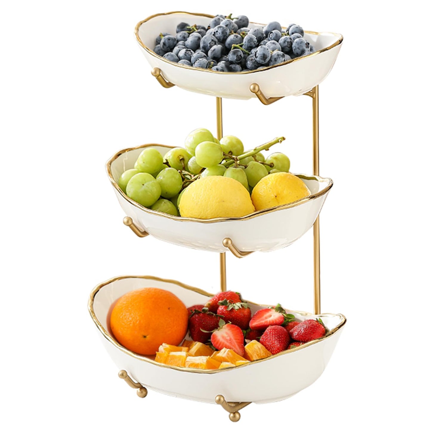 Ceramic Fruit Bowl for Kitchen Counter - 3 Tier Fruit Basket with Metal Stand, Tiered Fruit Stand for Countertop, Snack, Nuts, Cake, Dessert, Small & Cute (Gold)