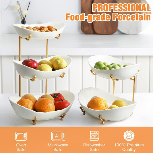 Ceramic Fruit Bowl for Kitchen Counter - 3 Tier Fruit Basket with Metal Stand, Tiered Fruit Stand for Countertop, Snack, Nuts, Cake, Dessert, Small & Cute (Gold)
