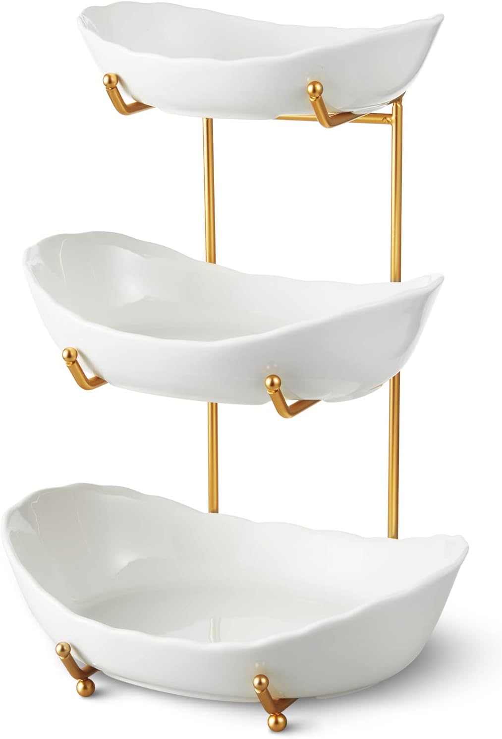 Ceramic Fruit Bowl for Kitchen Counter - 3 Tier Fruit Basket with Metal Stand, Tiered Fruit Stand for Countertop, Snack, Nuts, Cake, Dessert, Small & Cute (Gold)