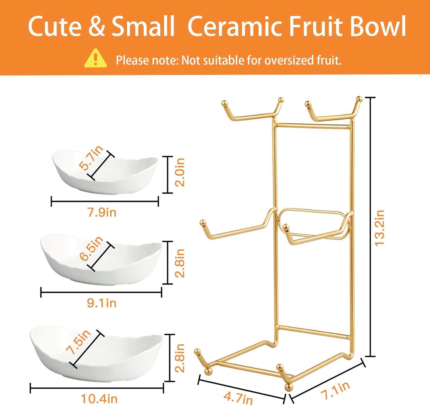 Ceramic Fruit Bowl for Kitchen Counter - 3 Tier Fruit Basket with Metal Stand, Tiered Fruit Stand for Countertop, Snack, Nuts, Cake, Dessert, Small & Cute (Gold)