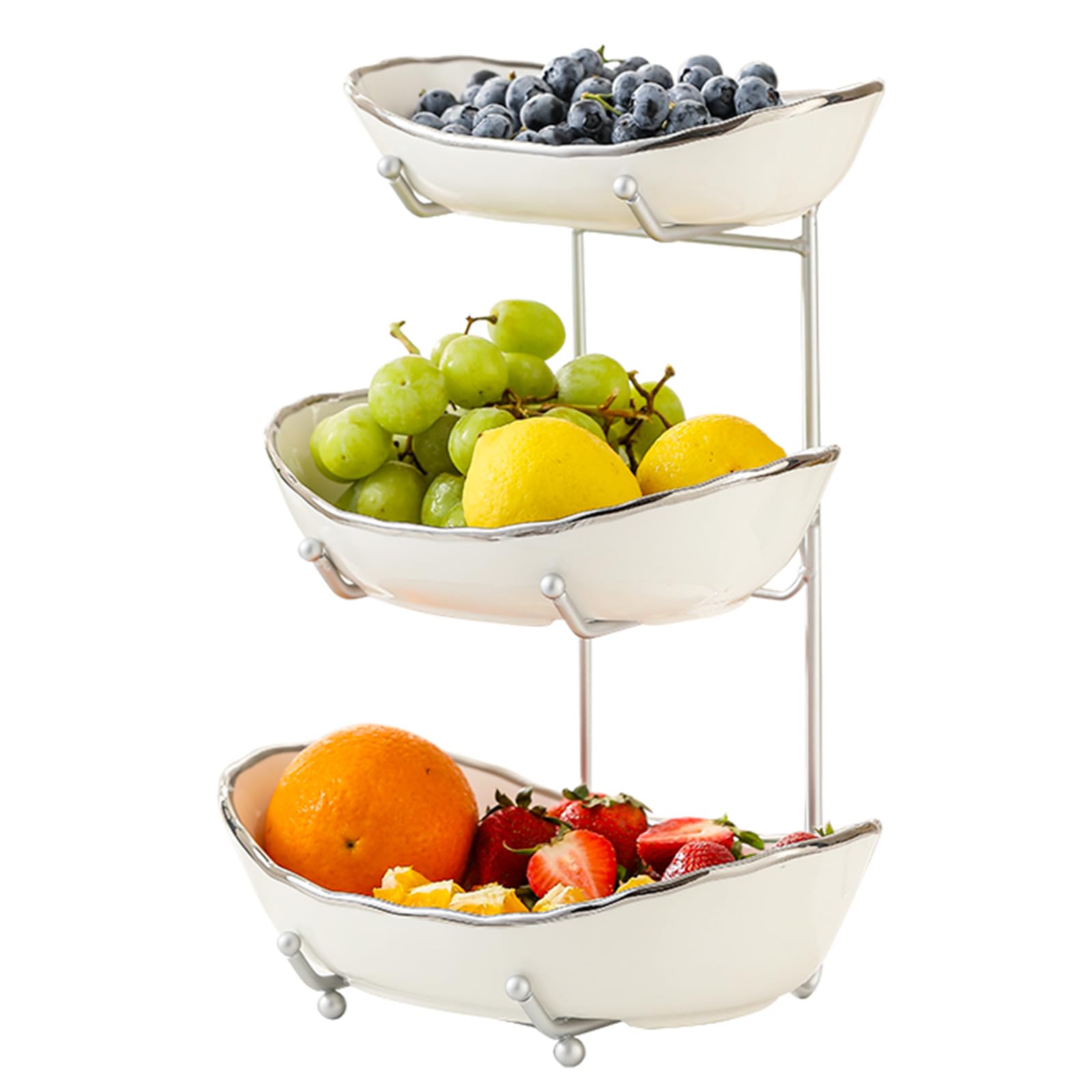 Ceramic Fruit Bowl for Kitchen Counter - 3 Tier Fruit Basket with Metal Stand, Tiered Fruit Stand for Countertop, Snack, Nuts, Cake, Dessert, Small & Cute (Gold)