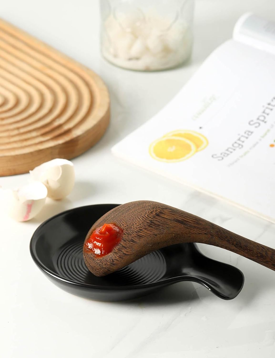 Spoon Rest for Stove Top, Ceramic Spoon Holder for Kitchen Counter, Cooking Utensil Holder for Spoon Ladle Spatula, Matte Black
