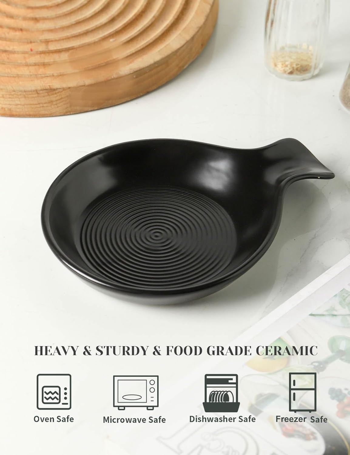 Spoon Rest for Stove Top, Ceramic Spoon Holder for Kitchen Counter, Cooking Utensil Holder for Spoon Ladle Spatula, Matte Black