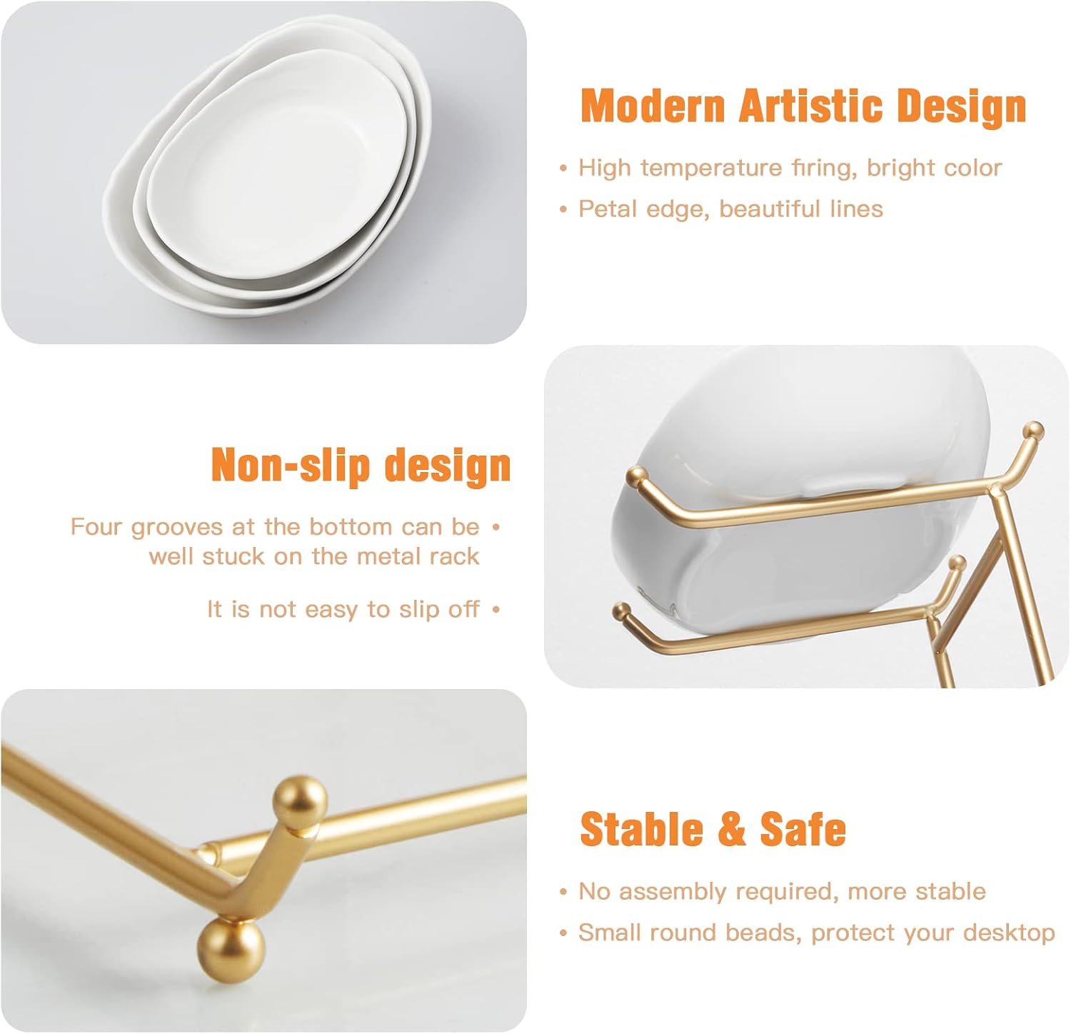 Ceramic Fruit Bowl for Kitchen Counter - 3 Tier Fruit Basket with Metal Stand, Tiered Fruit Stand for Countertop, Snack, Nuts, Cake, Dessert, Small & Cute (Gold)