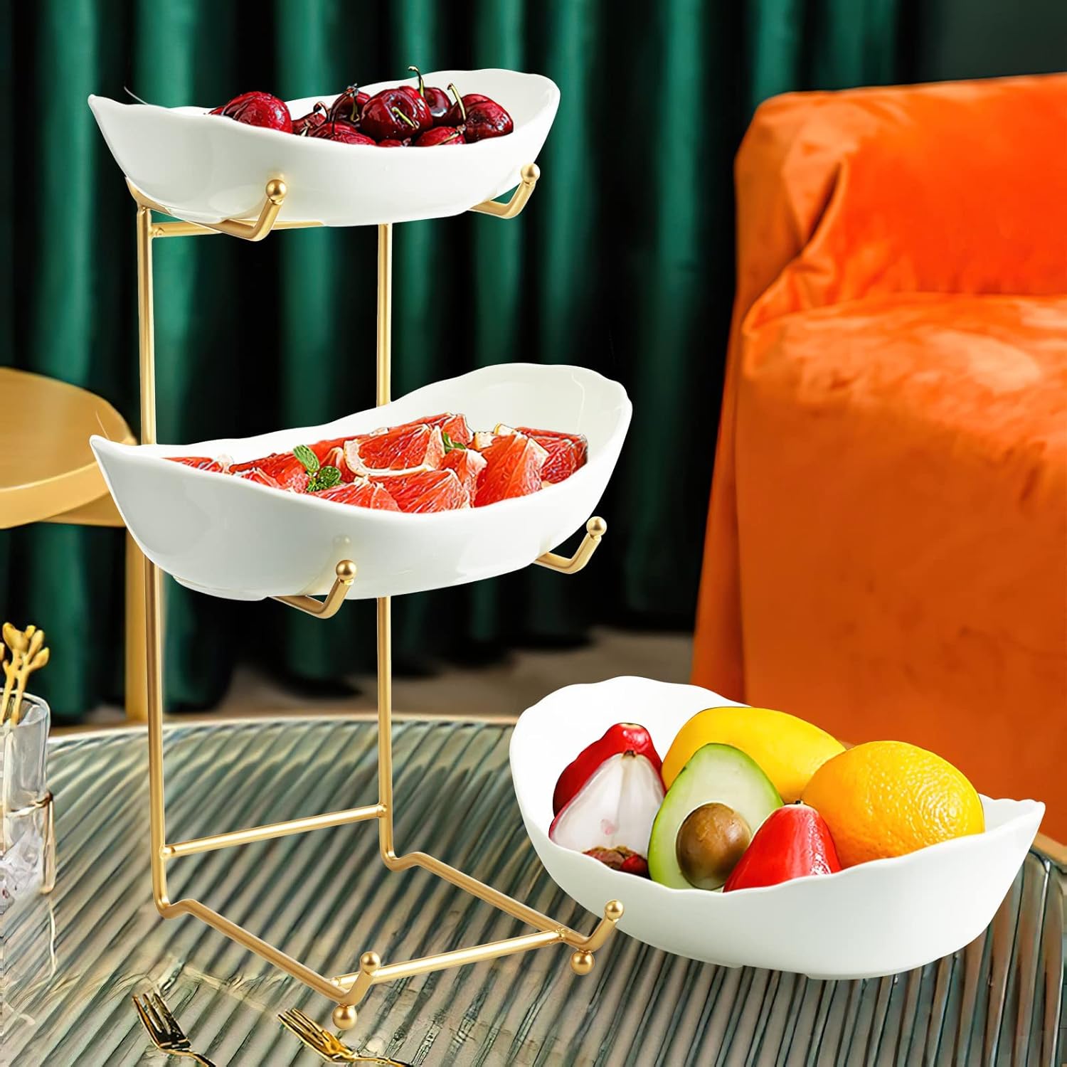 Ceramic Fruit Bowl for Kitchen Counter - 3 Tier Fruit Basket with Metal Stand, Tiered Fruit Stand for Countertop, Snack, Nuts, Cake, Dessert, Small & Cute (Gold)