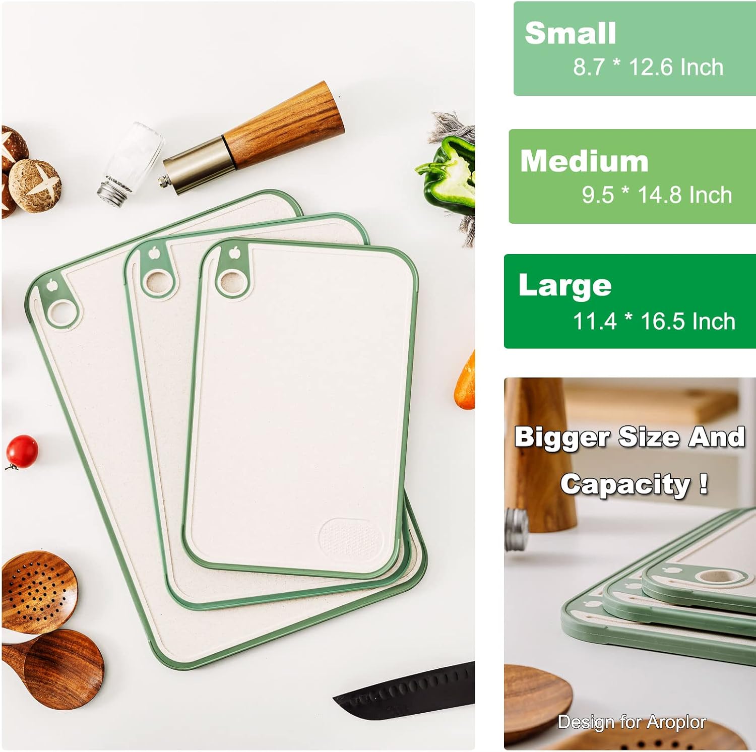 Cutting Board for Kitchen,Wheat Straw Cutting Board Set of 3,Easy Grip Handle,Thick Chopping Board for Meat,Veggy,Fruit,Food Cutting Tool Kitchen Cook Supplies,Strap Hole Easy Hanging,Dishwasher Safe