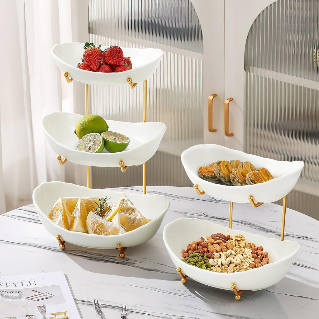 Ceramic Fruit Bowl for Kitchen Counter - 3 Tier Fruit Basket with Metal Stand, Tiered Fruit Stand for Countertop, Snack, Nuts, Cake, Dessert, Small & Cute (Gold)