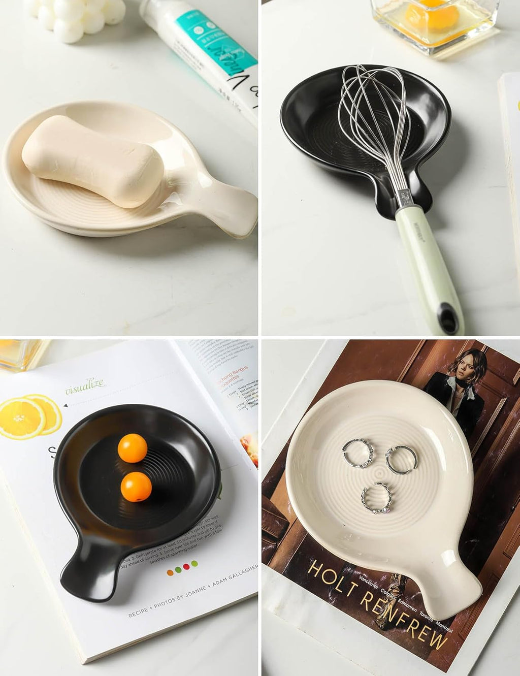 Spoon Rest for Stove Top, Ceramic Spoon Holder for Kitchen Counter, Cooking Utensil Holder for Spoon Ladle Spatula, Matte Black