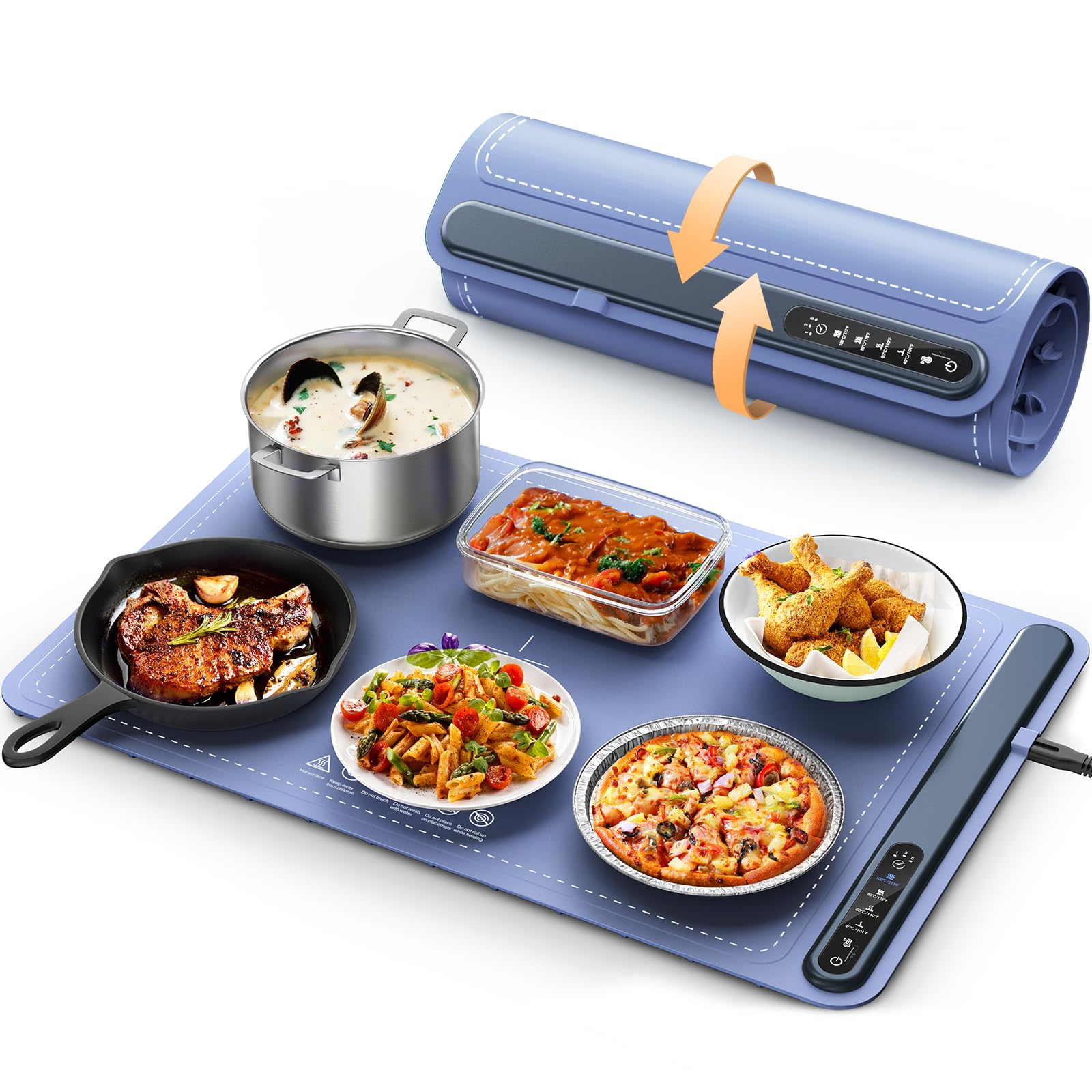 Food Warming Mat - Fast Heating Silicone Electric Warming Tray with 4 Level Temperature, Raised Feet Protects Table, Roll Up Buffet Hot Plates Heat Pad, Portable Food Warmer for Parties Home Travel