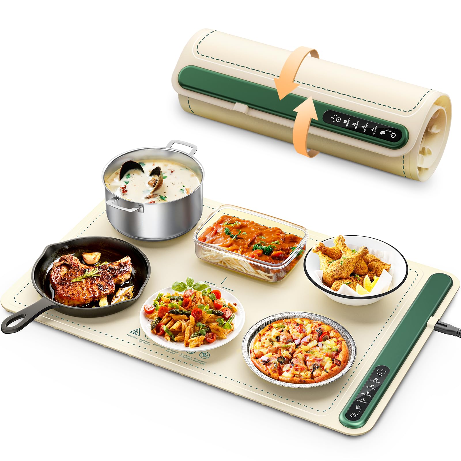 Food Warming Mat - Fast Heating Silicone Electric Warming Tray with 4 Level Temperature, Raised Feet Protects Table, Roll Up Buffet Hot Plates Heat Pad, Portable Food Warmer for Parties Home Travel
