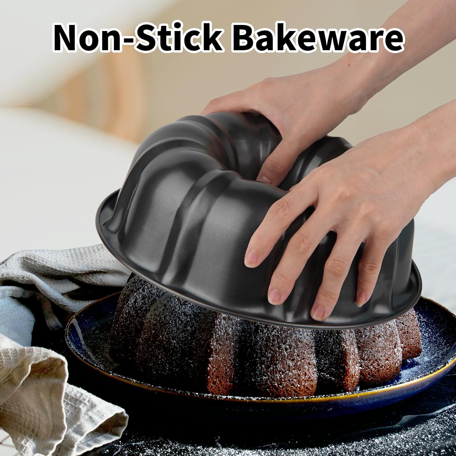 9.5" Non-stick Cake Pan, Heavy Duty Carbon Steel Fluted Tube Round Baking Pan,Buntz Pound Cake Pan Mold,Tube Bakeware,Baking Mold for Jello,Gelatin,Chocoflan,Flan