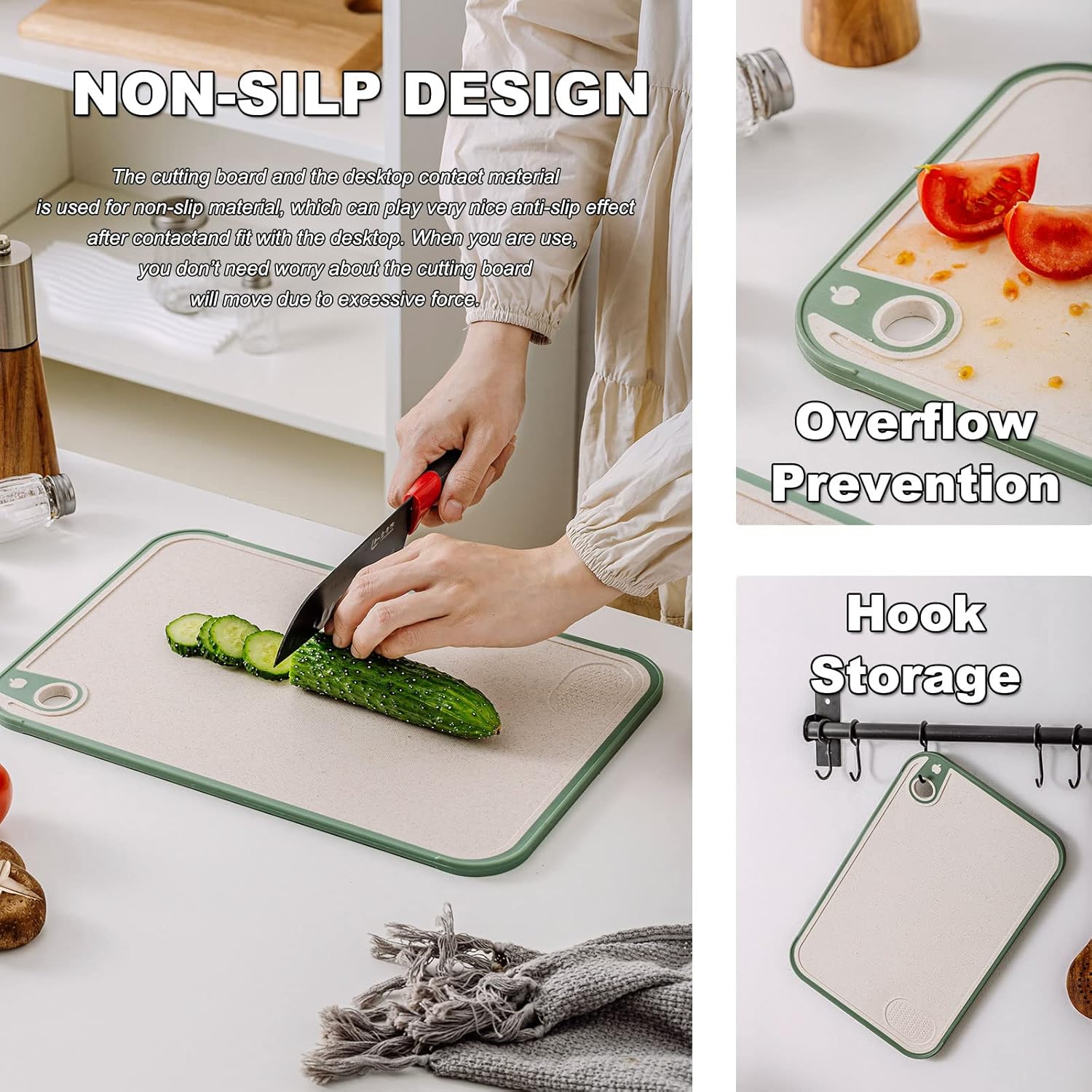 Cutting Board for Kitchen,Wheat Straw Cutting Board Set of 3,Easy Grip Handle,Thick Chopping Board for Meat,Veggy,Fruit,Food Cutting Tool Kitchen Cook Supplies,Strap Hole Easy Hanging,Dishwasher Safe