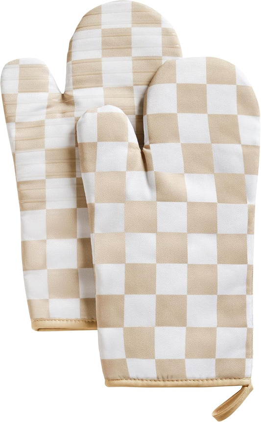 Beige Checkered Oven Mitts Heat Resistant, Vintage Retro Checkerboard Cute Oven Mitts, Non-Slip Silicone Kitchen Oven Gloves 1 Pair 7''x13''