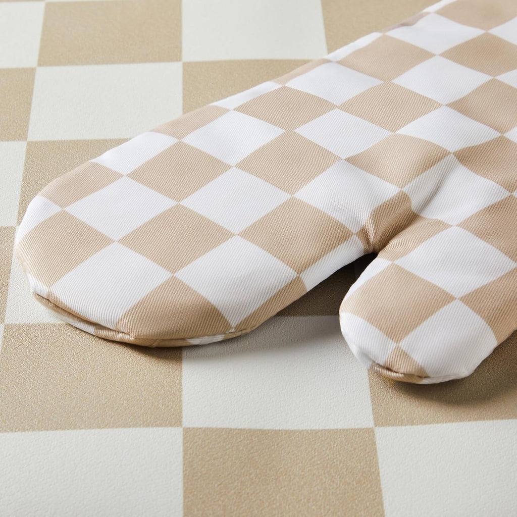 Beige Checkered Oven Mitts Heat Resistant, Vintage Retro Checkerboard Cute Oven Mitts, Non-Slip Silicone Kitchen Oven Gloves 1 Pair 7''x13''